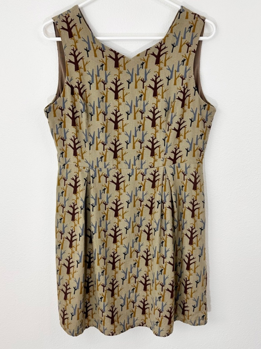 SM Wardrobe L Forest Tree Print V-Neck Indie Sleeveless Dress Earth Tones